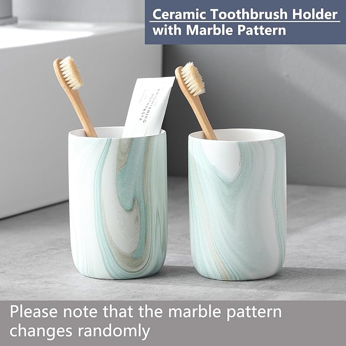 Green Marble Toothbrush Holder - Ceramic Toothbrush Holder for Bathroom, Toothbrush Toothpaste Holder, Marble Bathroom Tumbler Cups Reusable Toothbrush Mouthwash Cup, Bathroom Counter Organizer