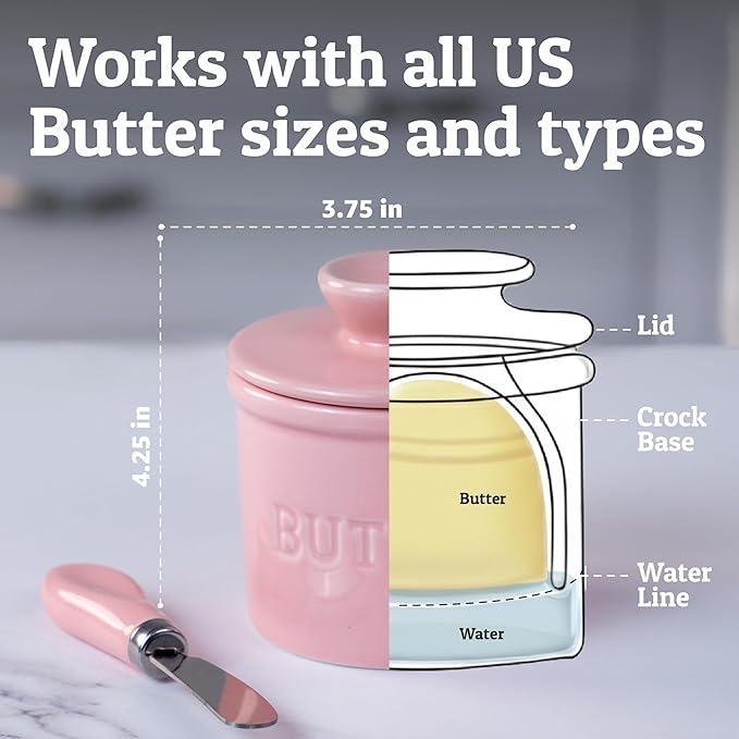PriorityChef Butter Crock with Lid with Water Line, Ceramic French Butter Dish to Leave On Counter, Pink