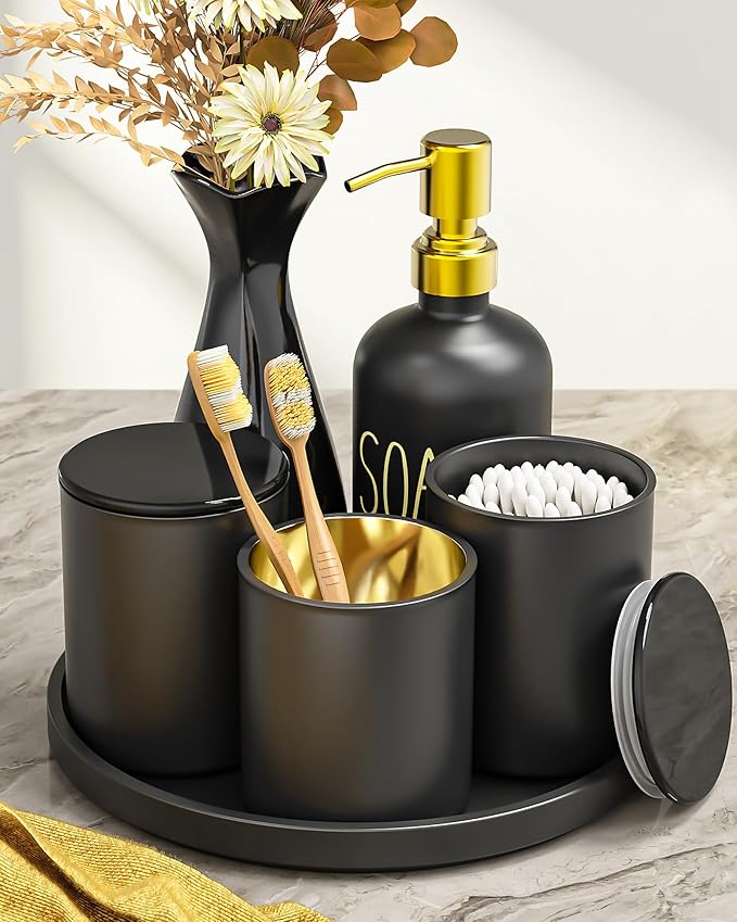 Black Bathroom Accessories Set with Tray, 6pcs Matte Black Bathroom Accessory Sets, Glass Soap Dispenser and Toothbrush Holder Set, Qtip Holder, Ceramic Flower Vase, Black Bathroom Set Decor,