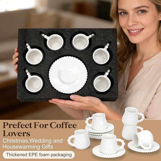 Coffee Cup Set of 6 with Saucers, 3.5 OZ Ceramic Espresso Cups, Elegant Deco Turkish Coffee Cup Gift for Cappuccino, Latte, Cafe Mocha and Tea, Dishwasher & Microwave Safe (Pearl White)