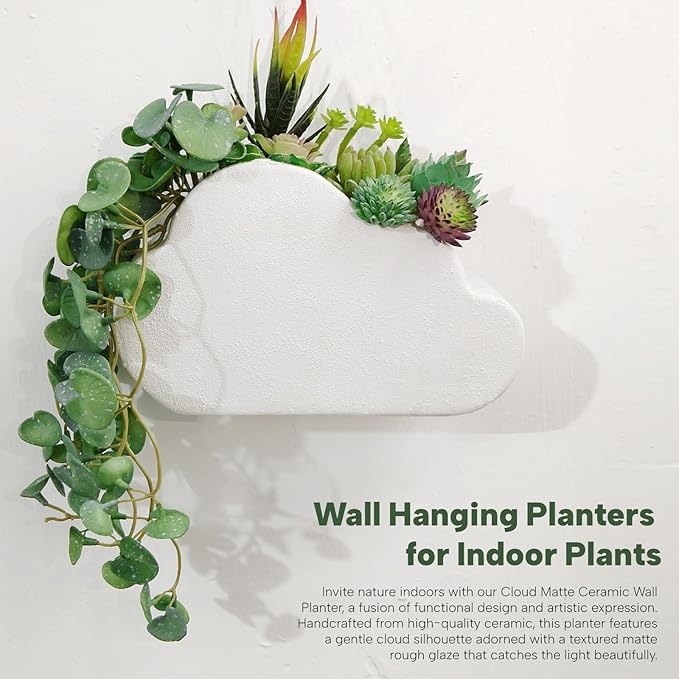Ceramic Wall Planter,Rough-Glazed Cloud Style Handcrafted Hanging Flower Pot for Indoor Plants, Boho Home Decor with Drainage Hole
