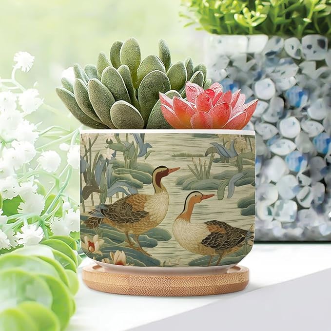 Set of 5 Green Water Lily Chinoiserie Flower Small Pot for Flowers and Duck Garden Ceramics Planters for Indoor Plants Chinoiserie Chic Succulent Planters for Indoor