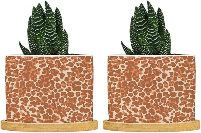 Leopard Orange Light Brown Dot Planter Ceramic African Tribal Animal Print Round Flower Pot with Drainage Holes and Bamboo Tray Pot for Pots Outdoor Indoor Plants