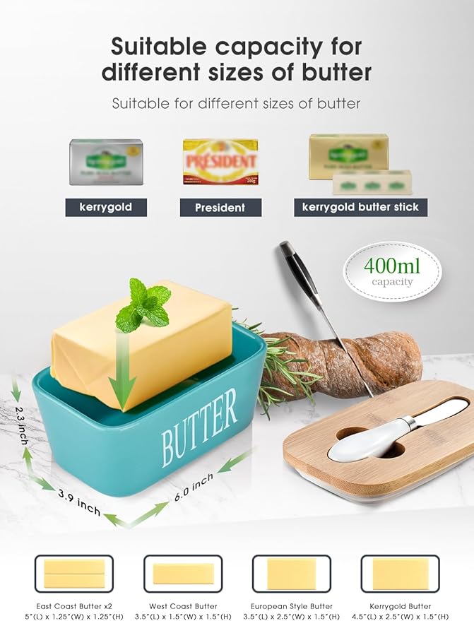 Butter Dish with Lid, Home Decor, Large Butter Dish for Countertop Ceramic Butter Keeper Container with Knife and High Quality Silicone Sealing Butter Box Good Kitchen Gift Turquoise
