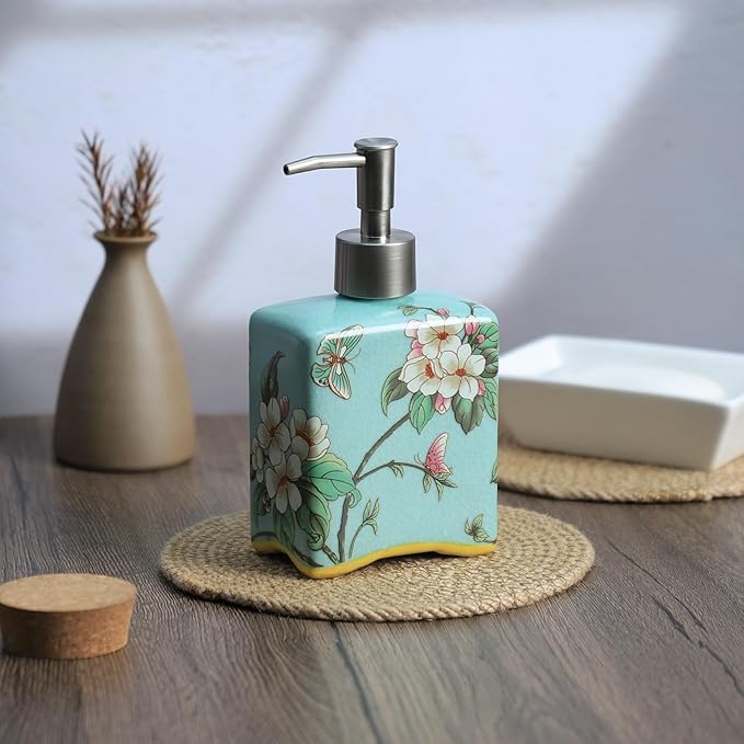 Ceramic Soap Dispenser, Lotion Bottle, Soap Bottle with Removable Pump, Flower Pattern Dispenser for Kitchen Soap, Bathroom Soap, Lotion and Essential Oil-Cyan-13 OZ