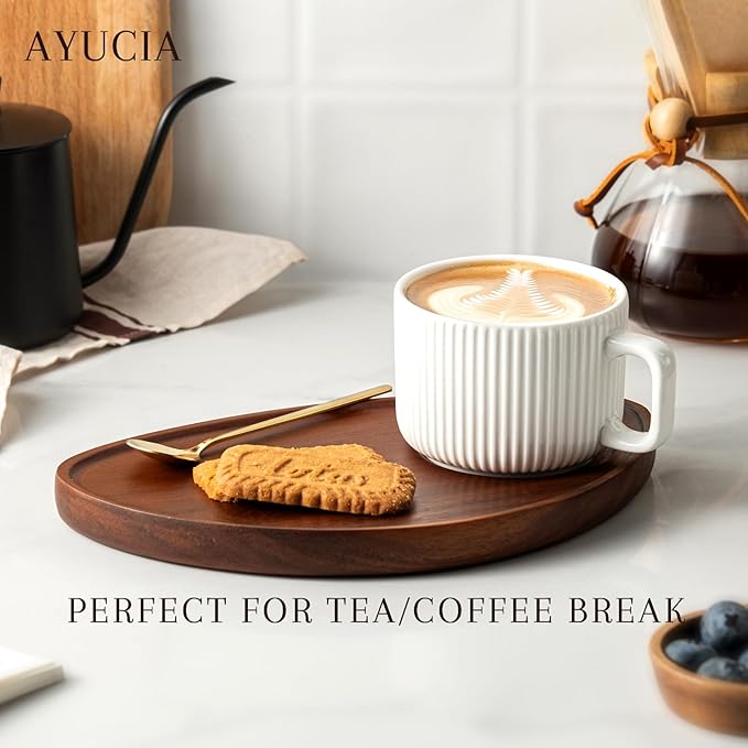 Tea Cup and Saucer Set, 8OZ Cappuccino Cup with Acacia Serving Saucer and Spoon, White Cream Ceramic Coffee Mug with 9.4inch Wooden Plate for Latte Dessert Breakfast