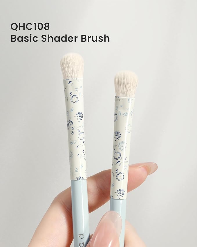 Indigo Artisan QHC 108 Small Blending Brush - Blue Lacquered Wood Handle & Ceramic-Print Ferrule, Soft Nylon Bristles for Blending Powder/Cream Makeup