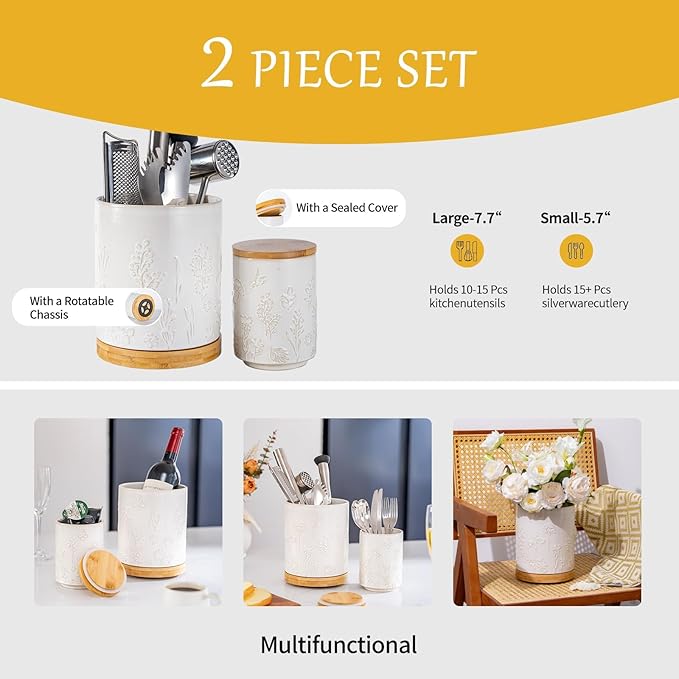 TEATALK Ceramic Utensil Holder Set, 360° Rotating Organizer for Countertop, Farmhouse Vintage Style, Large and Small Crocks in White Garden Pattern，7.7"+5.7"