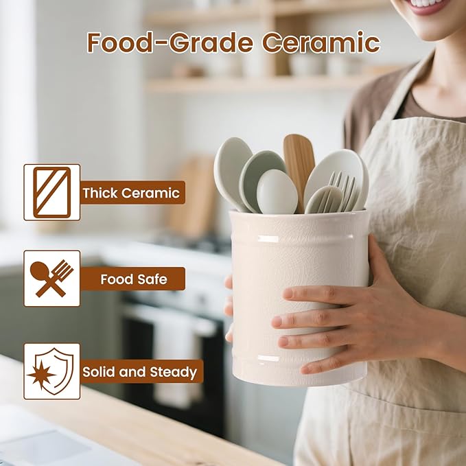 SZUAH Kitchen Utensil Holder, Larger Ceramic Utensil Crock for Kitchen Counter top & Dining Table (Cream, 5.9" x 5.9" x 6.7")