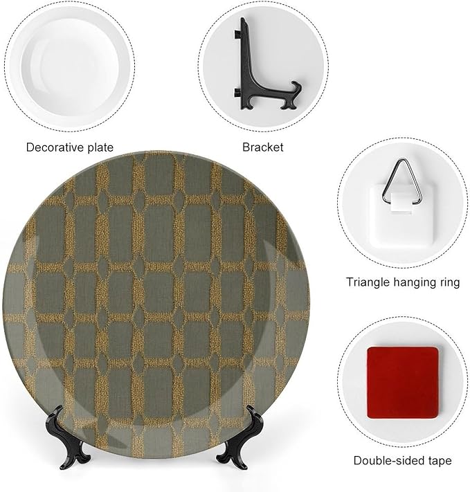 Geometric Ikat Check in Golden Decorative Plate of 6", 7", 8", 10", Custom Christmas Design Ceramic Hanging Decorative Plate Gifts Club Kitchen Decorations Display, Including Bracket And Special Hook