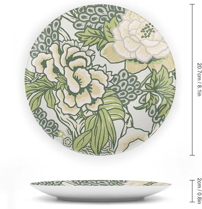 Green And White Chinoiserie Peony Floral Plates Ceramic for Display Blush Euro Peony Kitchen Club Supplies Housewarming Gifts Home Holiday Party Decorations Custom Gifts for Men Women Halloween