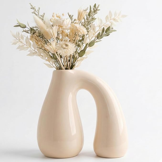 Cream White Ceramic Decorative Pitcher Vase, 7.5 in – Glossy Sculptural Arch-Handle, Modern Home Décor Accent for Fresh or Dried Floral Arrangements, Table/Shelf/Entryway, Giftable