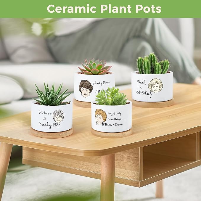 4 Pcs Golden Girls Merchandise Ceramic Plant Pots,Funny Golden Girls Gifts for Women,for House Plants Garden Planters Succulent Pots, with Drainage Holes and Saucer (White)