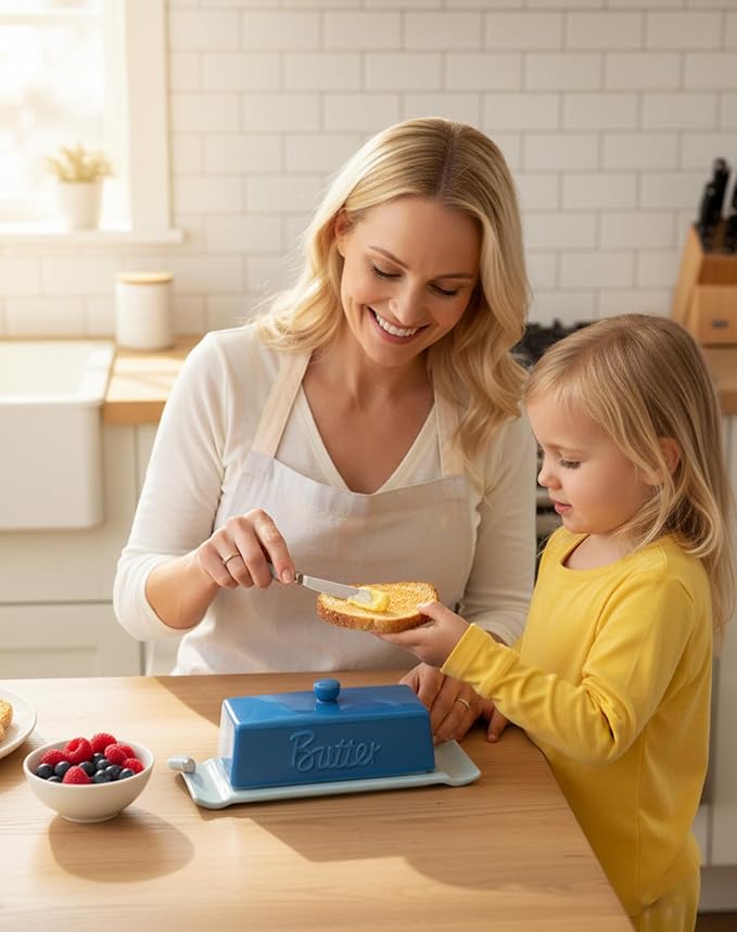TEATALK Ceramic Butter Dish with Lid and Knife - Large Butter Holder, Farmhouse Style, 8-Inch Porcelain Butter Keeper with Scraper Edge, Blue
