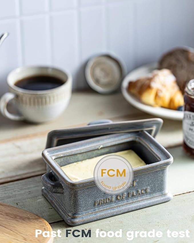 Butter Dish with Lid, Ceramic Butter Holder Container Large Butter Dish for Countertop Farmhouse Mother's Day Kitchen Decor Butter Keeper for East West Coast Butter, Gray