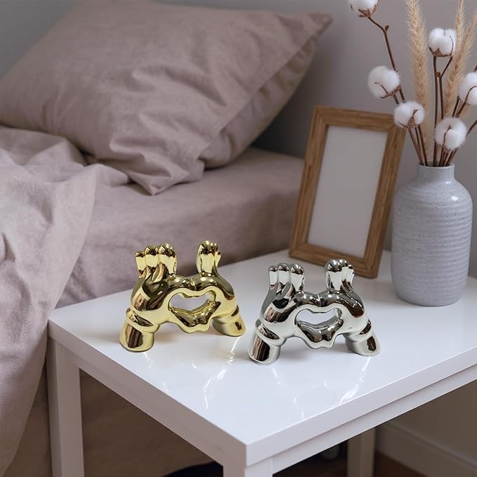 Zerzsy Heart Hands Sculpture Figurine Decor, 2 PCS Small Statue Shelf Decorative for Living Room Coffee Table, Loving Finger Statues Valentines Day Decorations Home Decor-Gold & Silver