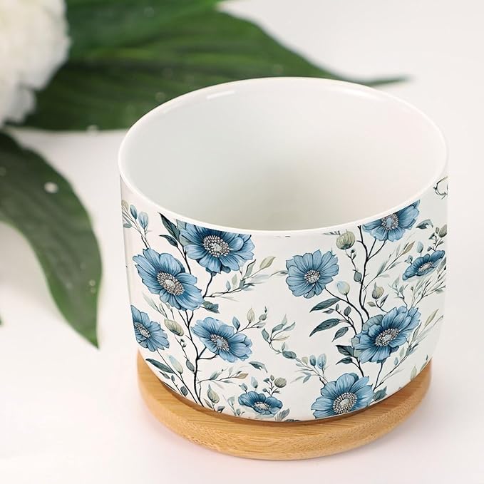 Set of 5 Chinoiserie Blue Floral Small Pot for Flowers Mughal Flower Ceramics Planter with Drainage Bamboo Trays Chinoiserie Chic Pots for Succulents Indoor Birthday Gift for Mom