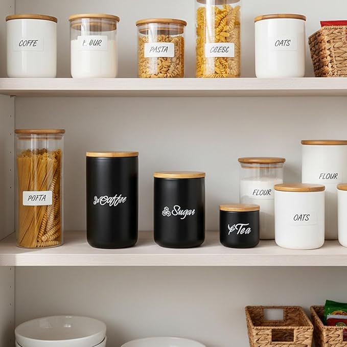 TOPZEA Black Ceramic Canister Set of 3, Coffee Sugar Tea Cylinder Containers Set with Bamboo Airtight Lid, Pantry Organization Kitchen Canisters Food Storage Jars for Countertop, Coffee Station