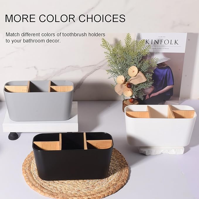 Toothbrush Holders for Bathrooms, Bamboo Tooth Brush Holder with 5 Slots Bathroom Vanity Organizer Countertop for Electric Toothbrushes, Toothpaste, Razors - Gray