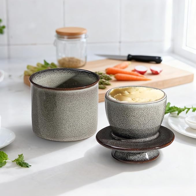 Light Grey French Butter Dish,Handmade Reactive Glaze Ceramic Butter Crock with Water Line for Speradable Fresh Butter