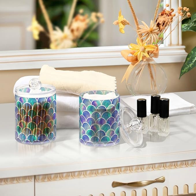 MNSRUU 2 Pack Qtip Holder Organizer Dispenser Watercolor Rainbow Scales Of Mermaid Bathroom Storage Canister Cotton Ball Holder Bathroom Containers for Cotton Swabs/Pads/Floss