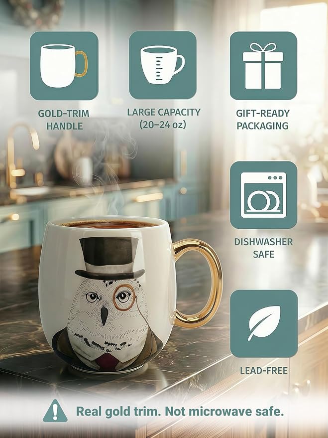 19oz Ceramic Coffee Mug with Gold-Trim Handle, Porcelain Mug for Coffee, Tea & Hot Chocolate, Hand-Painted Artisan Style, Lead-Free, Gift-Ready Box, Not Microwave Safe