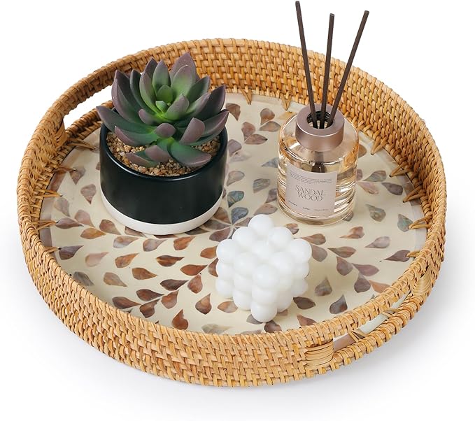 YANGQIHOME Round Rattan Tray with Handle, Mother of Pearl Inlay Decorative Wicker Basket for Coffee, Bread, Fruits, Serving Tray for Home Decor, Pink Clover