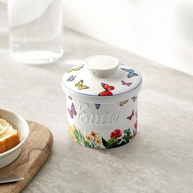 Toptier Butter Crock for Counter With Water Line, On Demand Spreadable Butter, Ceramic Butter Keeper to Leave On Counter, French Butter Dish with Lid (Butterfly)