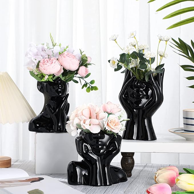 Sieral 3 Pcs Ceramic Face Vase Female Form Flower Modern Body Vase for Decor with Head Half Body Bust Centerpiece for Table Shelf Home Bedroom Room Office(Small,Black)