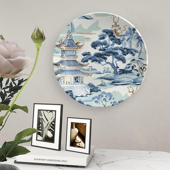 Blue And White Chinoiserie Pagoda Ming Toile Asian Decorative Plate, Custom Hand-Painted Ceramic Decorative Plates for Wedding Club Decor, Unique Art with Stand Art Decor for Wall Household