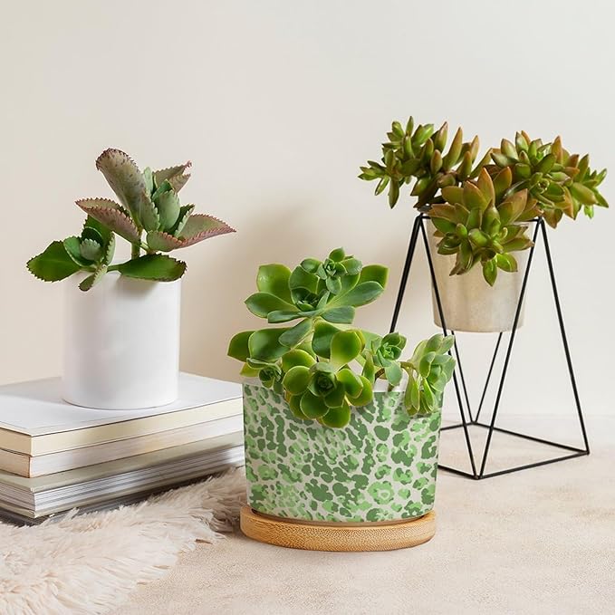 Leopard Green Beige Planters Ceramic Chinoiserie Style Green Round Flower Pot with Drainage Holes and Bamboo Tray Pot for Pots Outdoor Indoor Plants