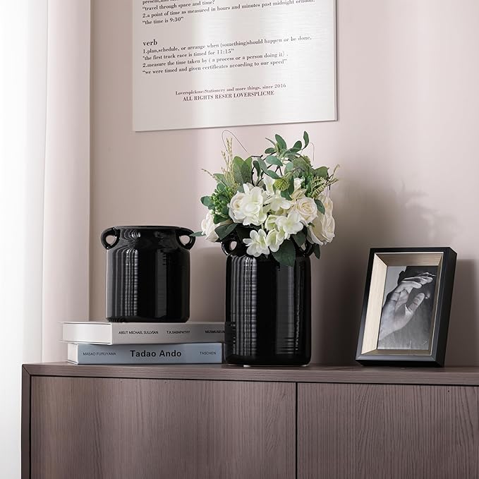 Ceramic Rustic Distressed Black Flower Vase for Centerpieces, Kitchen, Office or Living Room (5.9''x6.3”)