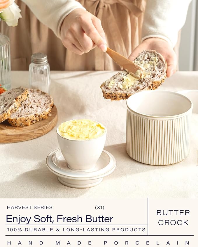 Getstar Large Ceramic Butter Crock with Lid for Countertop, 6OZ French Butter Dish Keeper for Spreadable Butter Water Seal with Elegant Embossed Pattern, Cream White