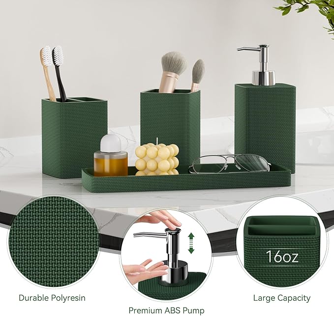 Resin Green Bathroom Set, Dark Green Bathroom Accessories Set with Shower Curtain, Bath Towel Sets, Natural Loofah Sponge, Soap Dispenser, Toothbrush Holder, Bathroom Tumbler and Tray for Bathroom