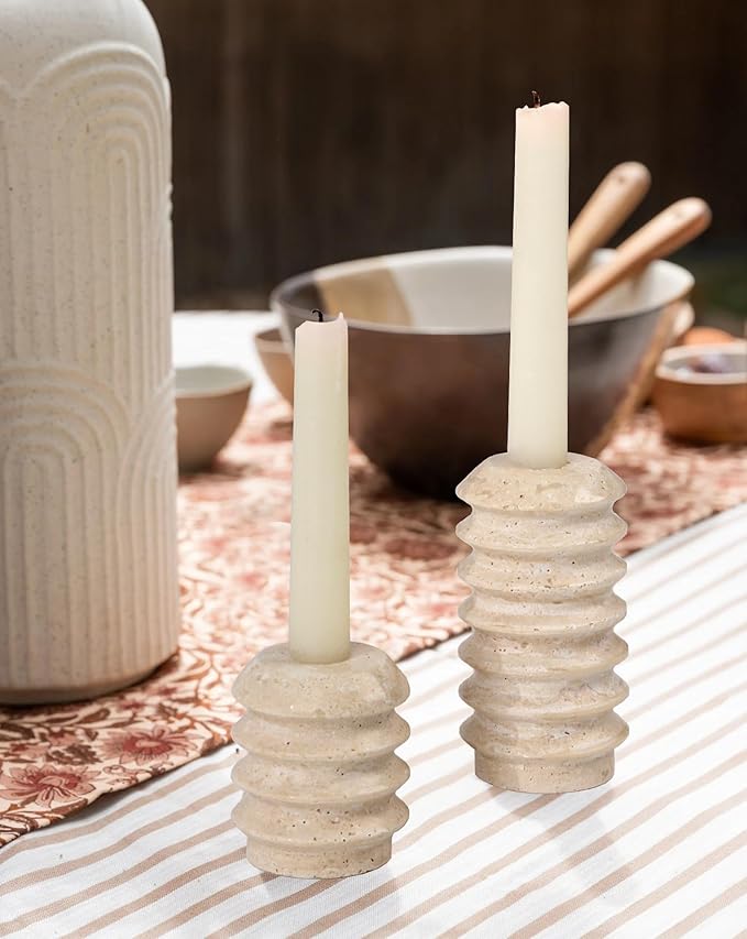 Vixdonos Taper Candle Holder Set Natural Travertine Candlestick Holder Mantle Candle Stand with Natural Stone Holes for Home Decor,Wedding,Party and Table Centerpieces(White)