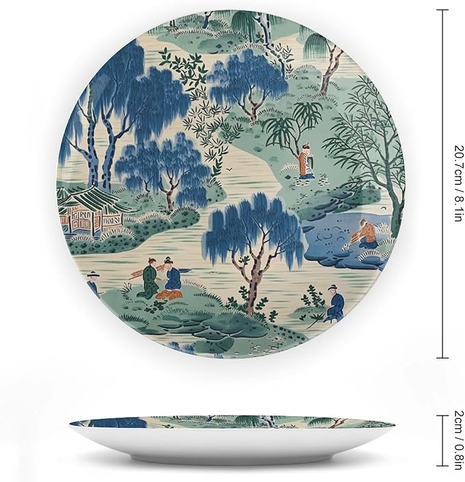 Asian Scenic Dynasty Blue And Green Plates Ceramic, Custom Porcelain Dessert Plate Set for Office Festival Farmhouse Decor, with Vertical Stand Art Decorations for Club Kitchen