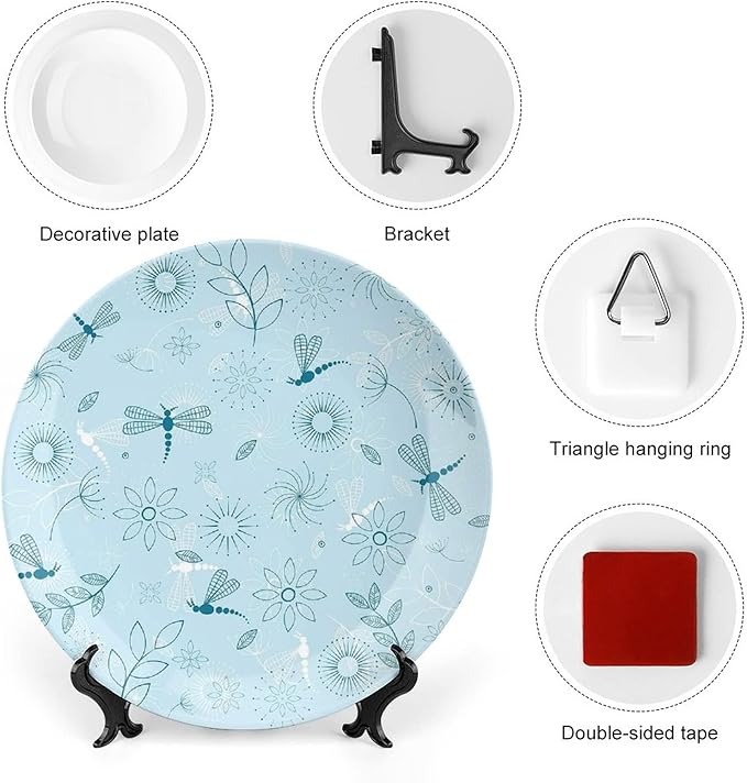 XISUNYA 10 Inch Decorative Plate, Dragonfly Round Porcelain,Bugs Leaves Branches Flowers Dandelions Abstract Art Print Ceramic Wall Hanging for Home Office Party Dinner Table Decor