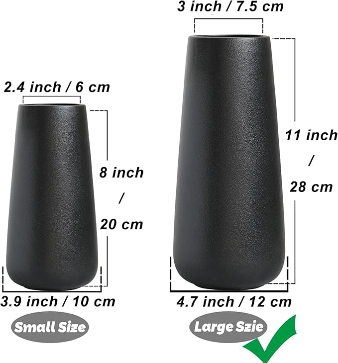 11 Inch Tall Matt Black Ceramic Vase for Flowers & Pampas Grass, Classic Rustic Style Decorative Vases for Home Decor Table Centerpieces