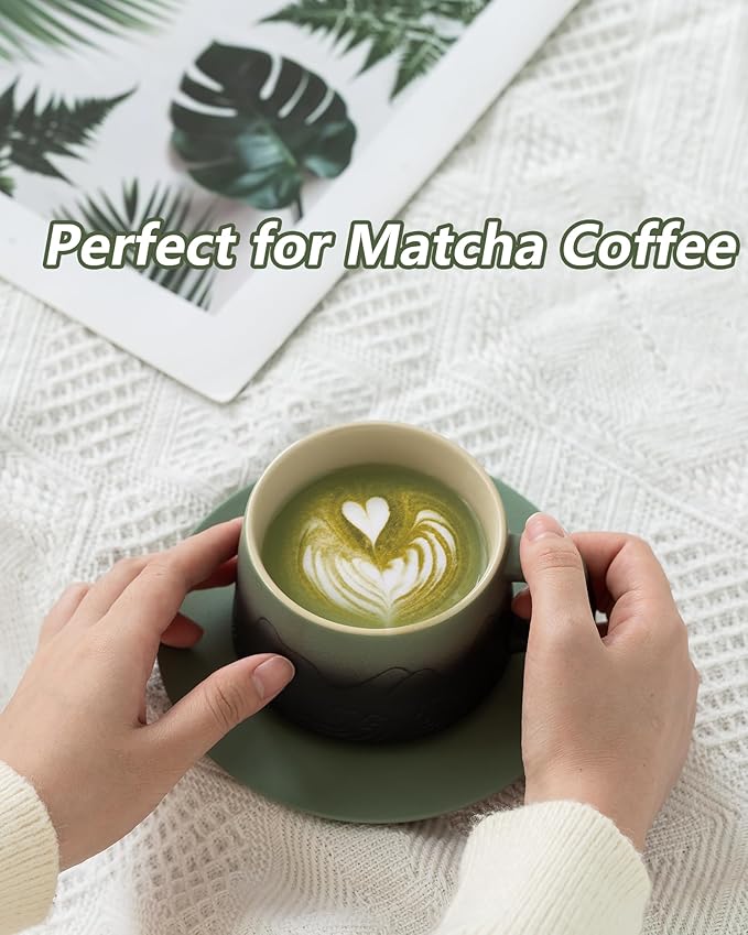 ZENS 8 Ounce Artistic Cappuccino Cups Set of 2, Embossed Ceramic Coffee Mug with Saucers for Latte Art, Moss Green & Black