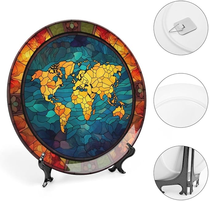 Decorative Plates, Retro World Map Stained Glass Design Ceramic Dinner Plate Home Wobble-Plate w/ Display Stand, Wall Hanging Decor for Kitchen Household 7 Inch, Gifts for Adventure Lover Wanderlust