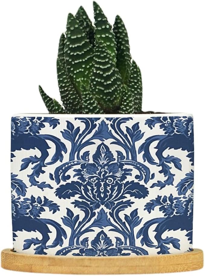 Blue Regalia Lion Planters Ceramic Chinoiserie Geometric Print Round Plant Pot with Drainage Holes and Bamboo Tray Pot for Home Desktop Office Windowsill