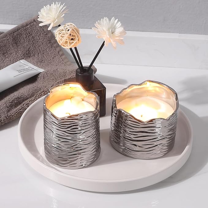 Matte White Round Ceramic Bathroom Tray - Vanity Tray for Bathroom Decorative, Jewelry Ring Dish, Comestic Holder, Kitchen Sink Countertop Organizer Plate Tealight Pillar Trays