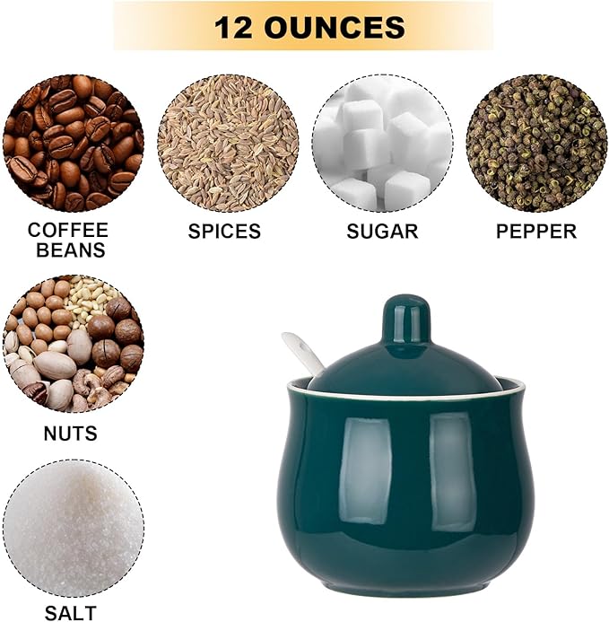 Ceramic Sugar Bowl with Lid and Spoon, Green Porcelain Sugar Salt Pepper Storage Jar, 12 Ounces