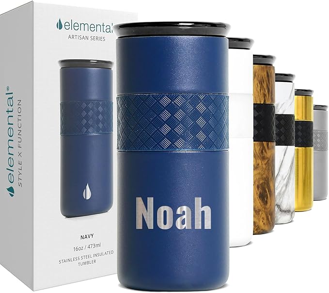 Elemental Personalized Artisan Insulated Tumbler, Triple Wall Coffee Travel Tumbler, Reusable Stainless Steel Coffee Tumbler with Ceramic Lid, Thermal Coffee Cup for Hot & Cold, 16oz - Navy Blue