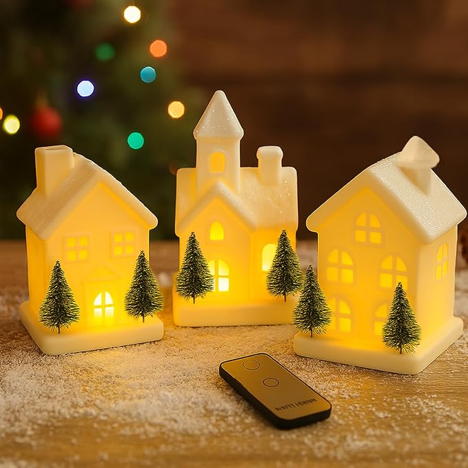 Christmas Decorations - Indoor Christmas Village Set of 3 Lighted Ceramic Houses with Trees - White Xmas Holiday Farmhouse Rustic Decor for Home Table Room