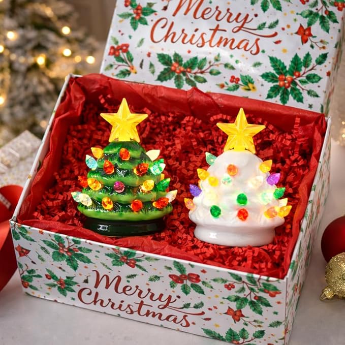 MOMENTS IN TIME Ceramic Christmas Tree Set of 2 Mini 3.5”H LED Light Up Tabletop Trees with Multicolor Bulbs & Star Topper, Battery Operated, Vintage Holiday Décor for Mantel Table or Desk
