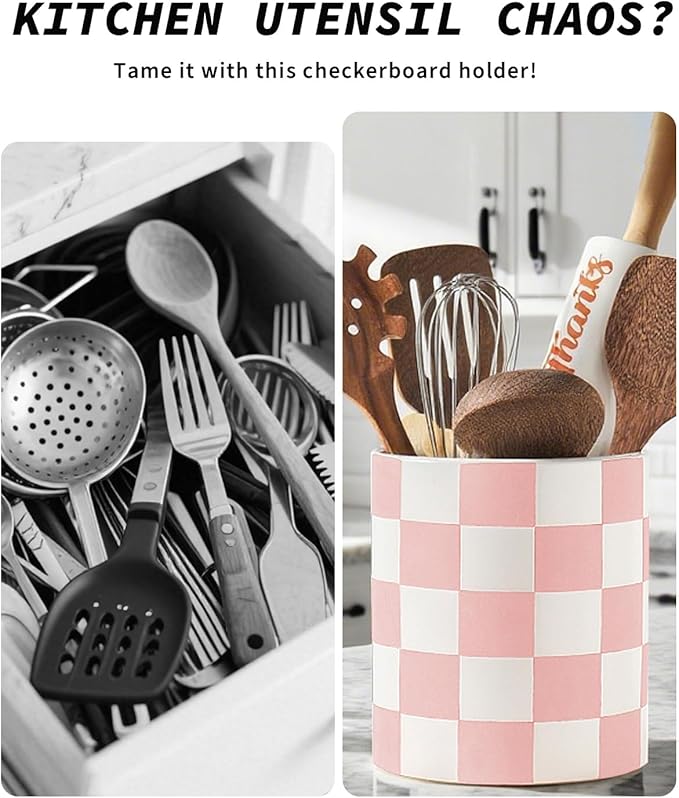 Utensil Holder，7.2 Inch Checkered Utensil Holder, Ceramic Cooking Utensil Spoon/Spatula Holder for Countertop, Kitchen Decor and Accessories for counte(Purple)