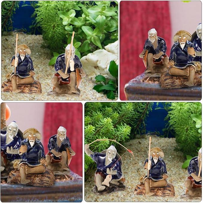 Homoyoyo Ceramic Fisherman Figurine Set 2pcs, 4-inch Bonsai Ornament for Fish Tank Decor, Aquarium Desktop Collectible Statue, Asian Fishing Man Sculpture for Home Garden