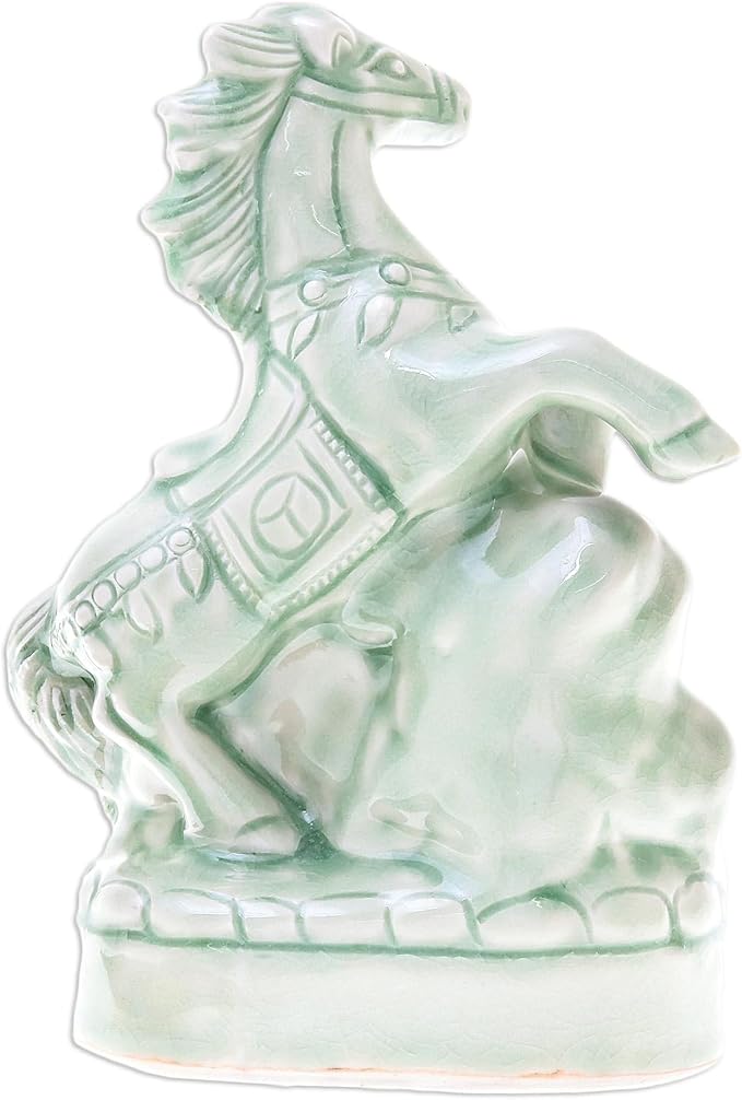 NOVICA Artisan Handcrafted Celadon Ceramic Sculpture Horse in Thailand Green Animal Themed East Meets West Cultural [6.5in H x 4.9in W x 2.8in D] ' Lucky Horse'