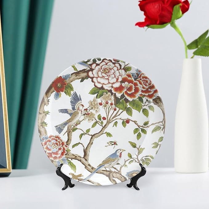 Chinoiserie Tree Peony Bird Floral Fashion Plates, Custom Coral Turquois Flowers And Birds Ceramic Craft for Decorative Ornaments, Display Farmhouse Decorations Wedding, with Vertical Stand